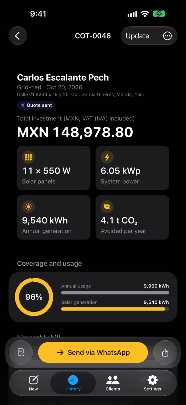 KinWatt on iPhone: a quote for Carlos Escalante Pech with a total investment of MXN 148,978.80, eleven 550 W panels, 6.05 kWp, 9,540 kWh of annual production and a Send via WhatsApp button