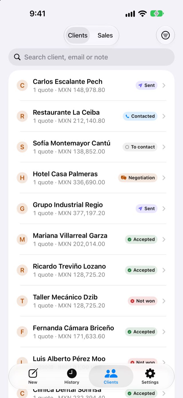 Customer list on iPhone with each proposal's status: to contact, accepted, in negotiation, quote sent and not won