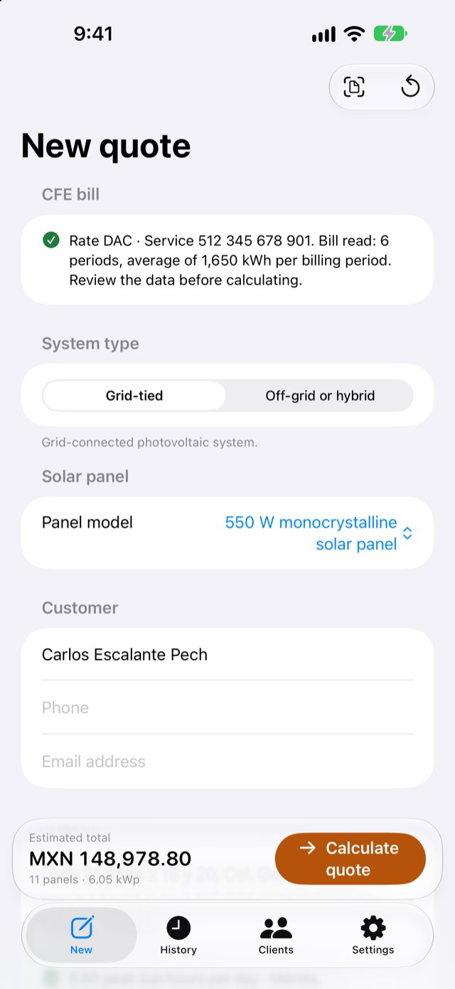 New Quote screen on iPhone with a CFE bill already read: DAC rate and six billing periods read