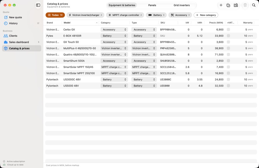 Equipment catalog on Mac with brand, model, category, SKU, power and price