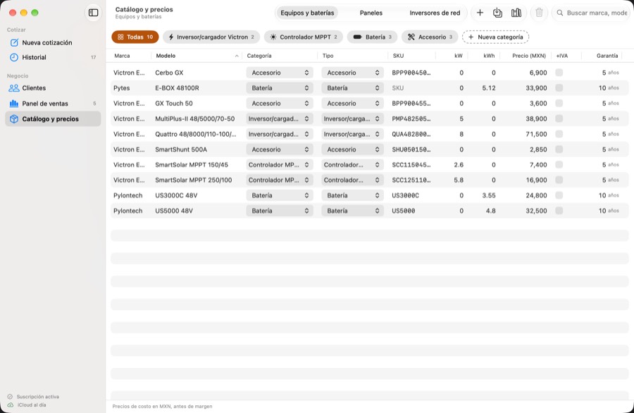 Catálogo de equipos en Mac con marca, modelo, categoría, SKU, potencia y precio