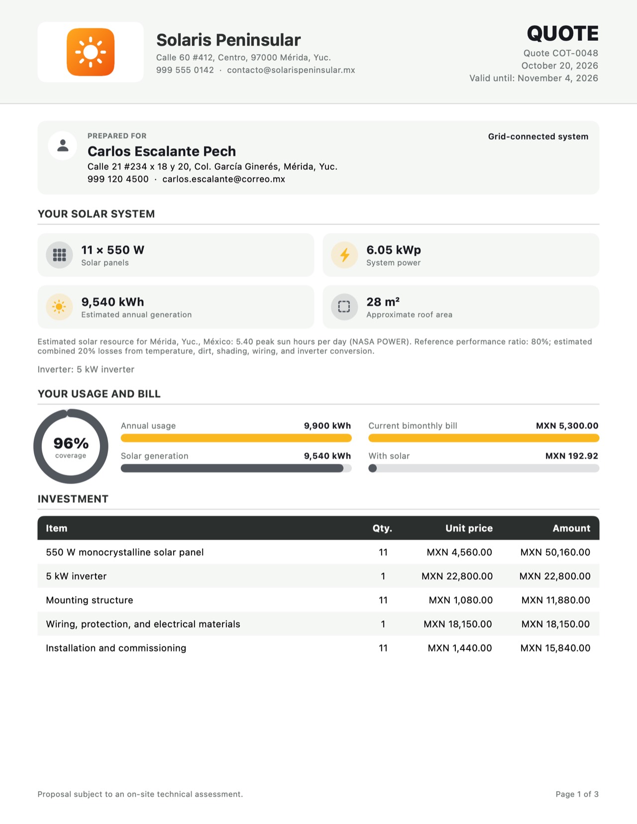 A page from a KinWatt PDF proposal with company logo, system details, investment and estimated payback
