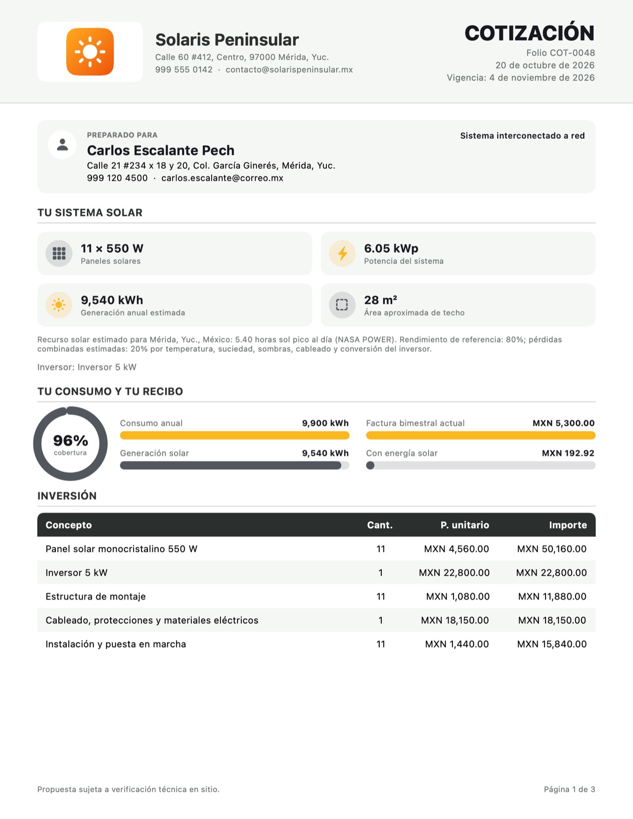 Página de una propuesta PDF de KinWatt con logo de la empresa, sistema, inversión y retorno estimado