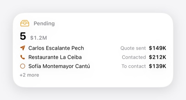 KinWatt medium widget: open quotes, with customer, status and amount for each